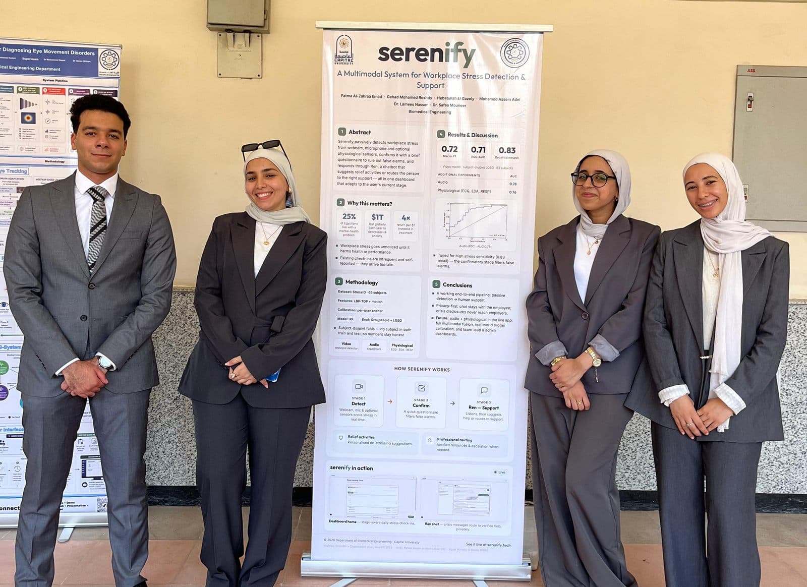 The four members of the Serenify team standing either side of the project poster.